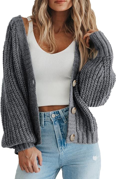 Slouchy Ribbed Knit V Neck Cardigan - grey
