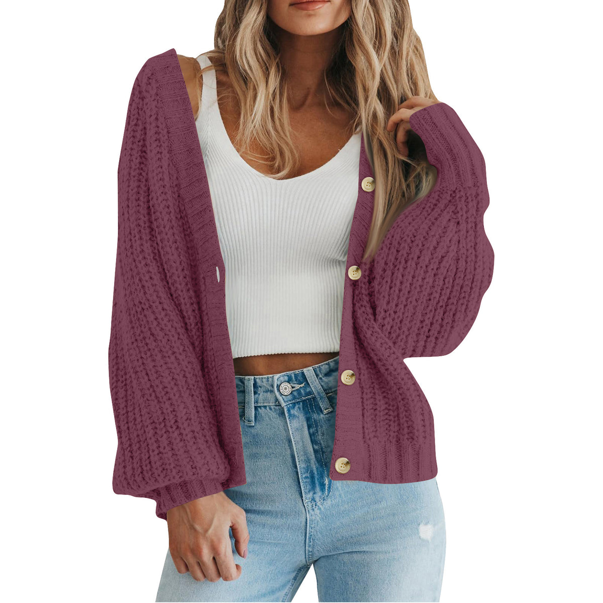 Slouchy Ribbed Knit V Neck Cardigan - purple