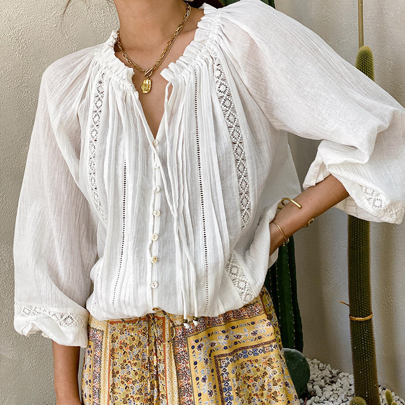 Boho Lace Trim Peasant Shirt With Ties - White