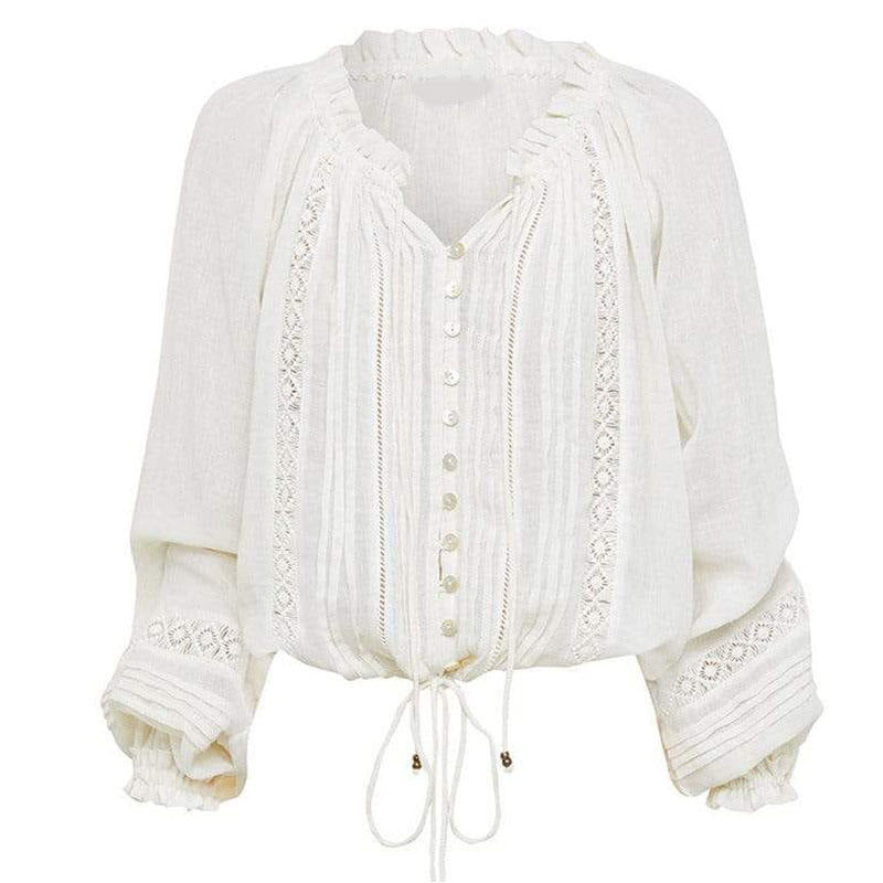 Boho Lace Trim Peasant Shirt With Ties - White - 1
