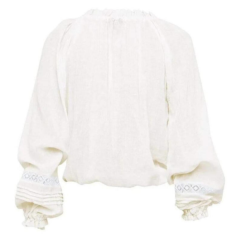 Boho Lace Trim Peasant Shirt With Ties - White - 3