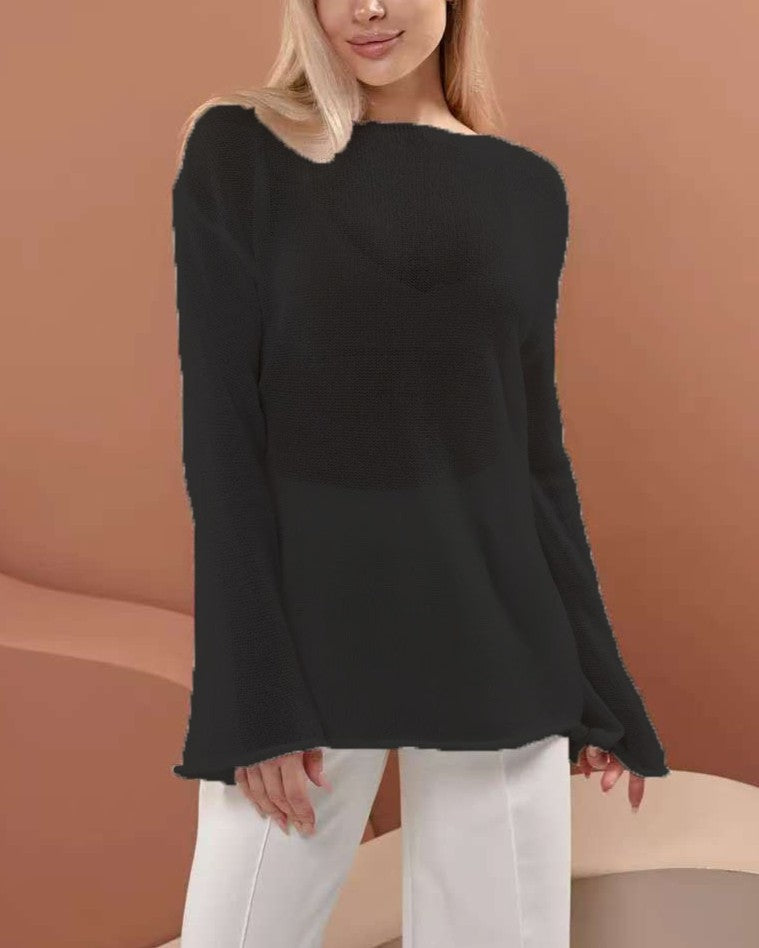 Sheer Lightweight Knit Boat Neck Tee - Black