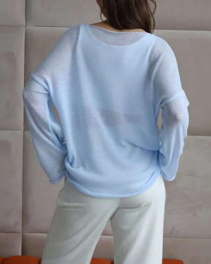 Sheer Lightweight Knit Boat Neck Tee - Blue - 1