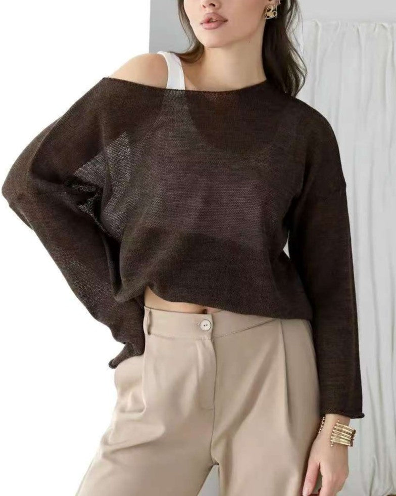 Sheer Lightweight Knit Boat Neck Tee - Brown