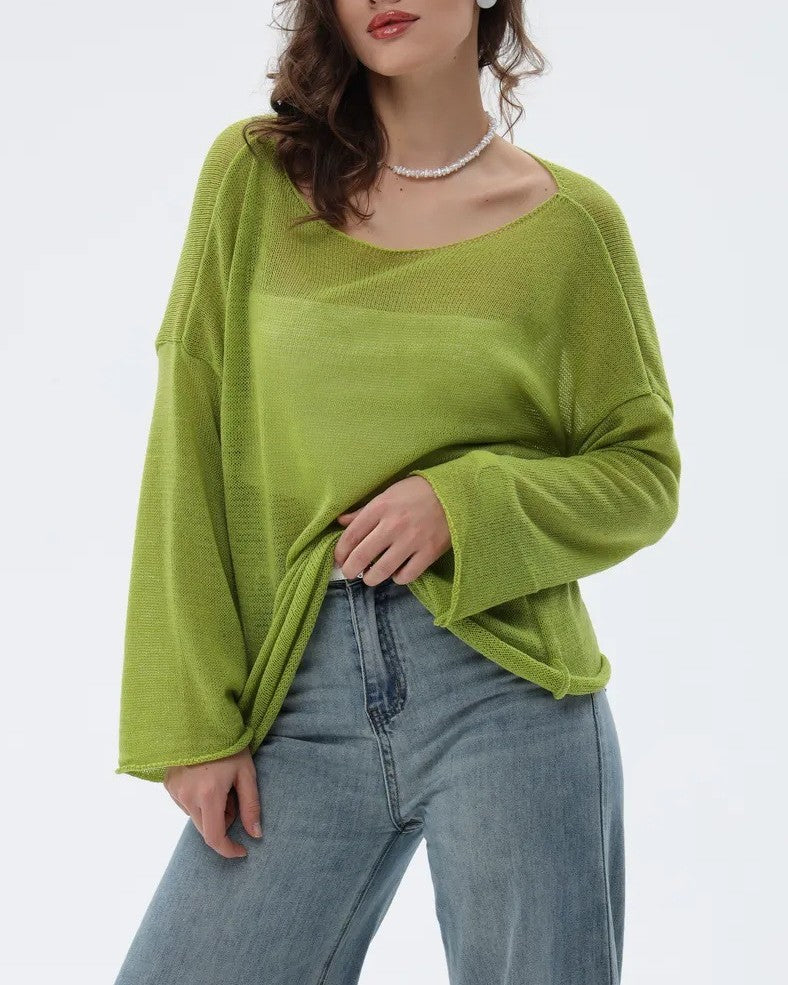 Sheer Lightweight Knit Boat Neck Tee - Green