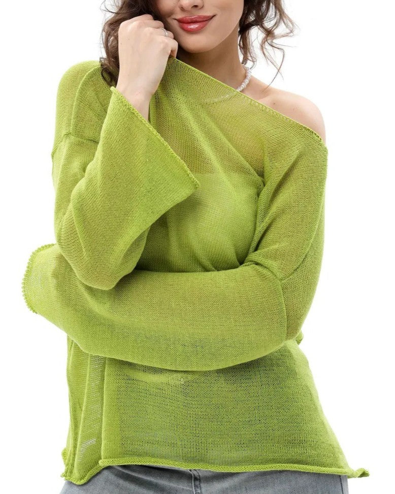 Sheer Lightweight Knit Boat Neck Tee - Green - 1