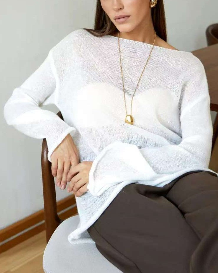 Sheer Lightweight Knit Boat Neck Tee - White