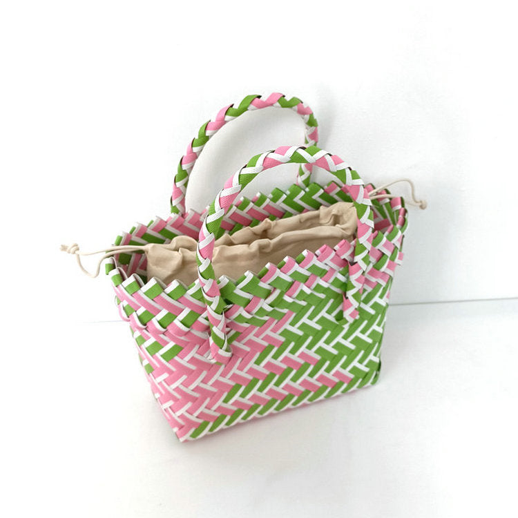 Chevron Woven Drawstring Basket Bag - Color_04