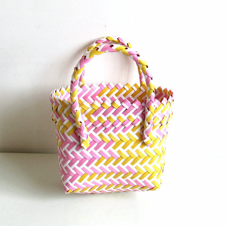 Chevron Woven Drawstring Basket Bag - Color_05