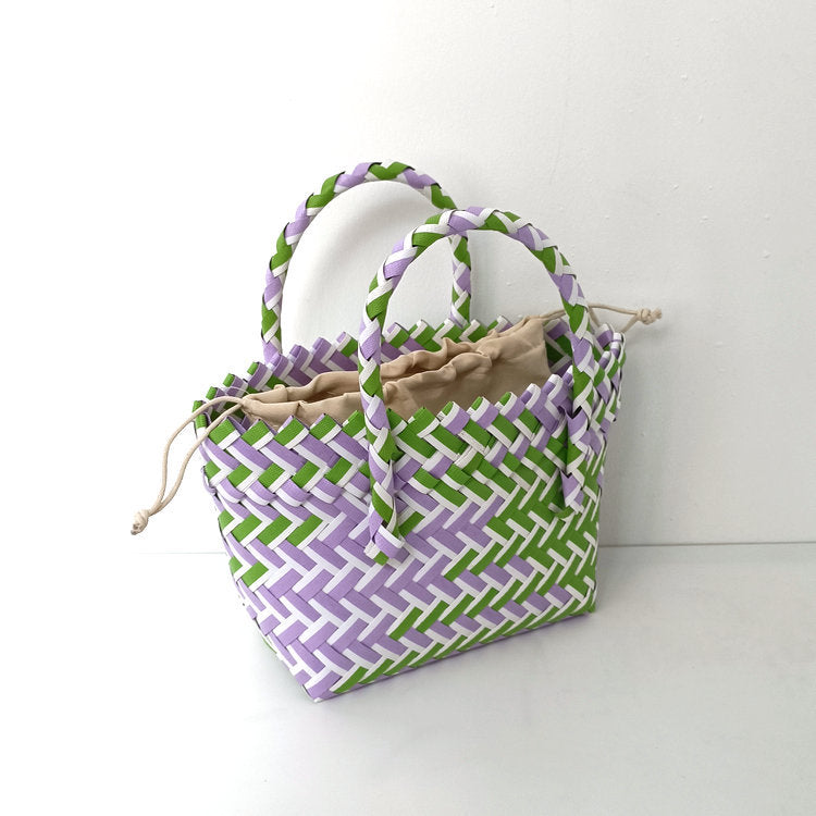 Chevron Woven Drawstring Basket Bag - Color_10
