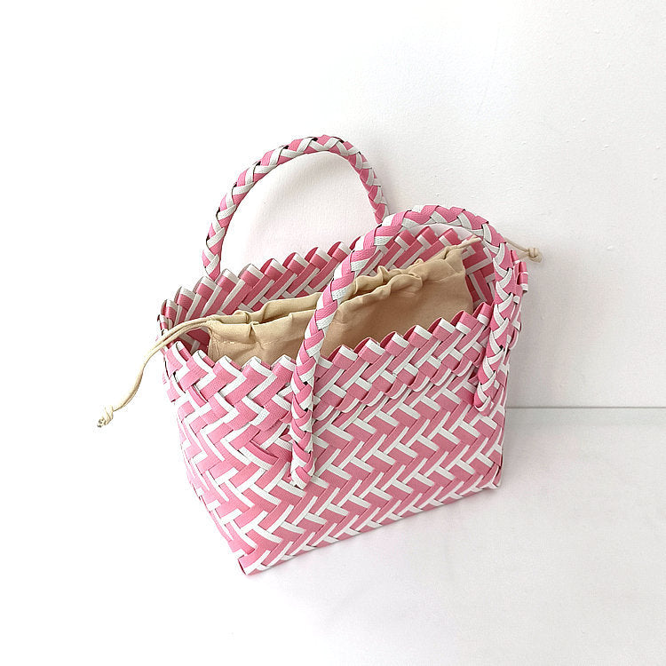 Chevron Woven Drawstring Basket Bag - Color_16