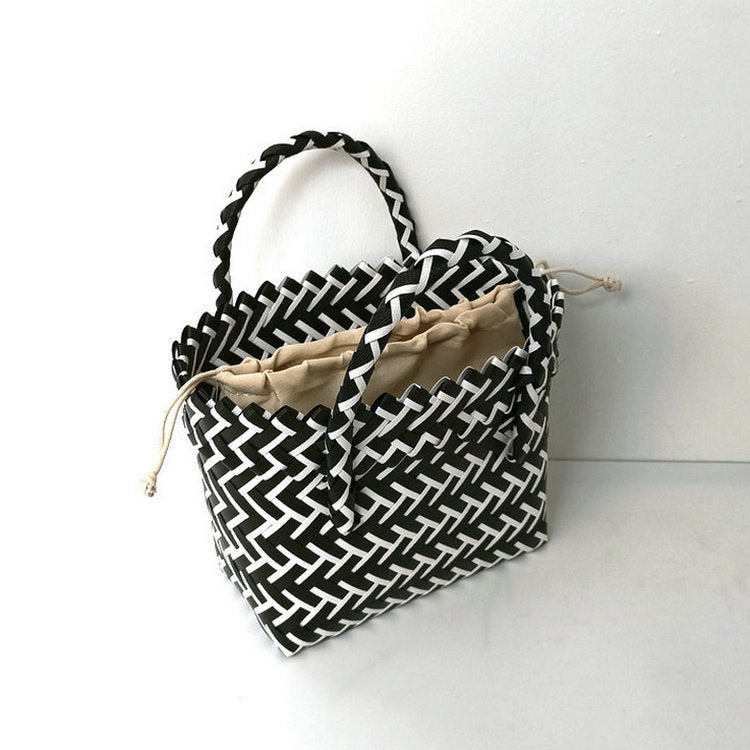 Chevron Woven Drawstring Basket Bag - Color_18
