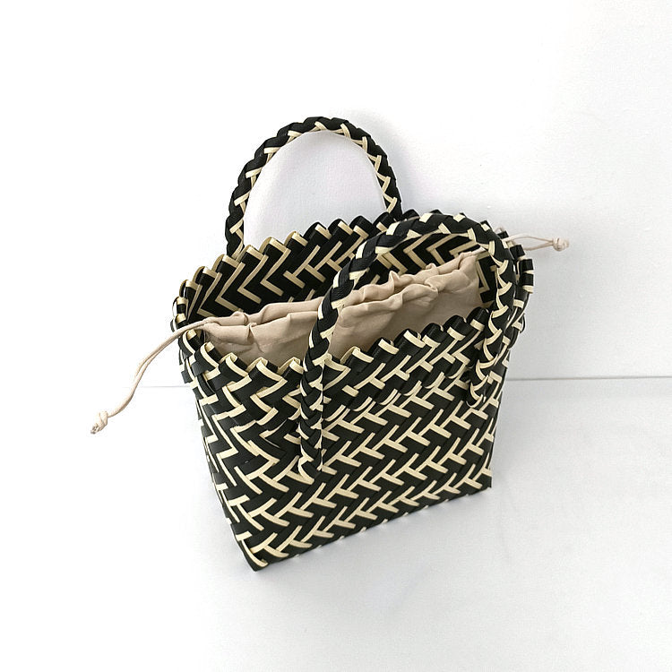 Chevron Woven Drawstring Basket Bag - Color_20