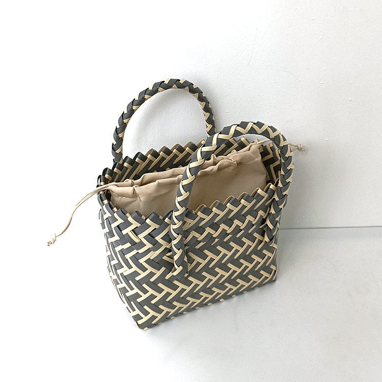 Chevron Woven Drawstring Basket Bag - Color_24
