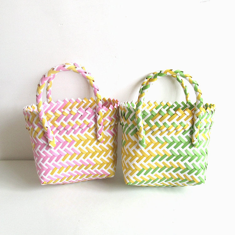 Chevron Woven Drawstring Basket Bag