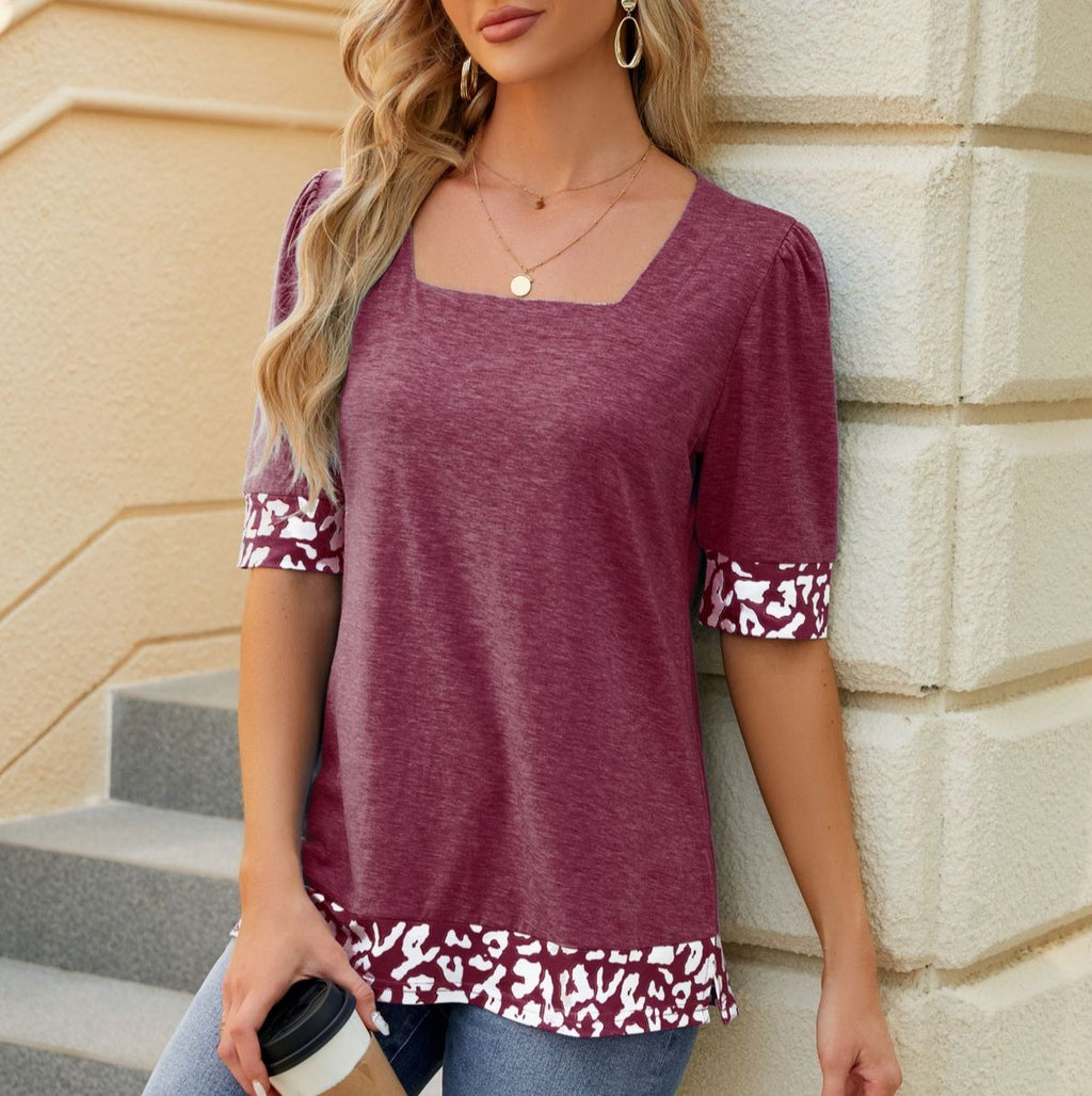 Puff Sleeve Square Neck Top With Printed Hem - Winered - 1