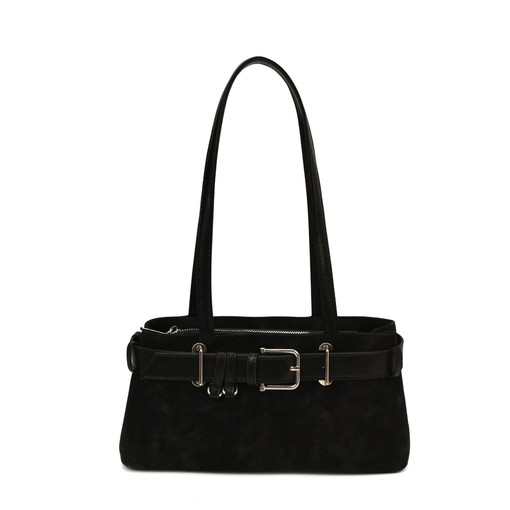 Belted Faux Suede East West Shoulder Bag - Black