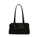 Belted Faux Suede East West Shoulder Bag - Black
