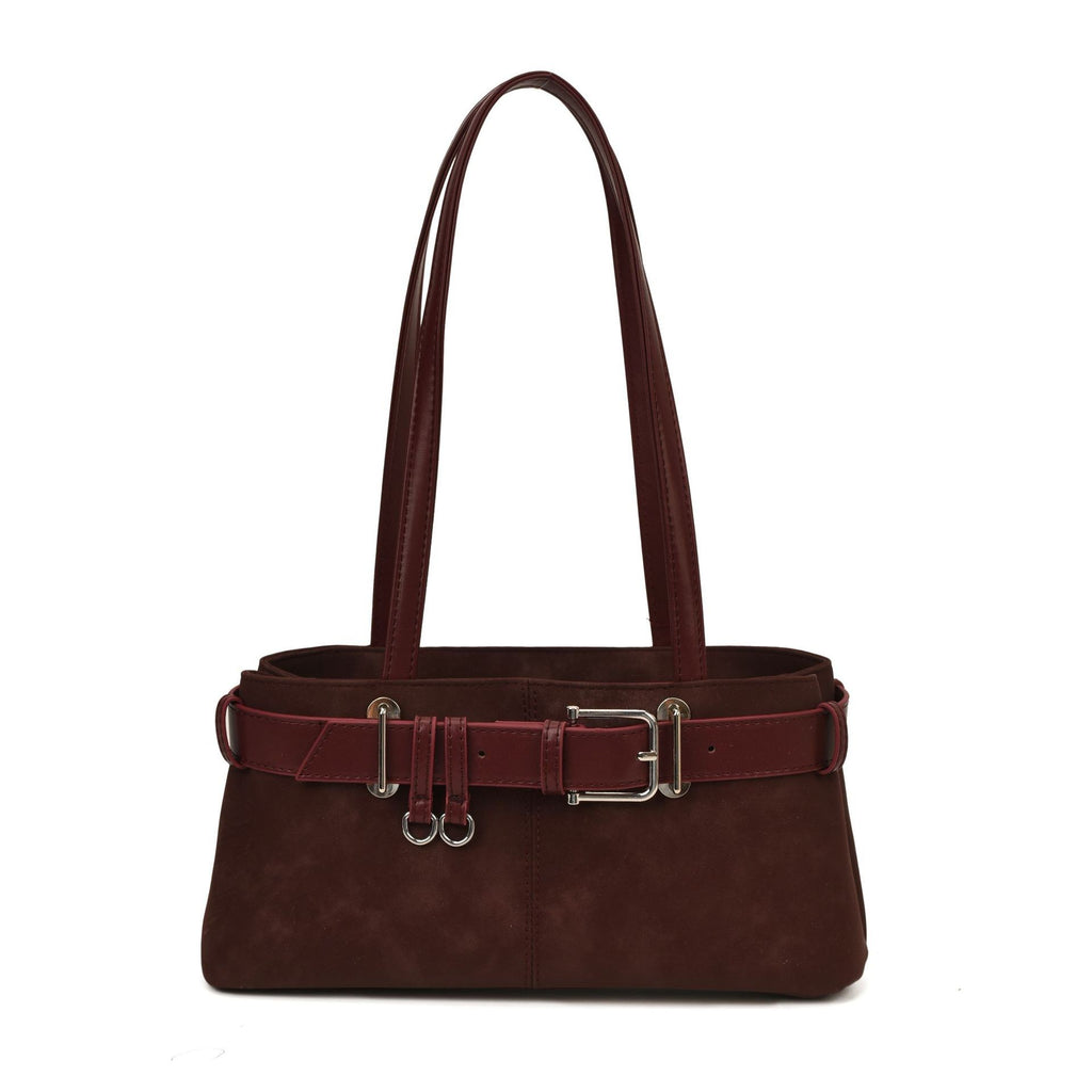 Belted Faux Suede East West Shoulder Bag - Burgundy