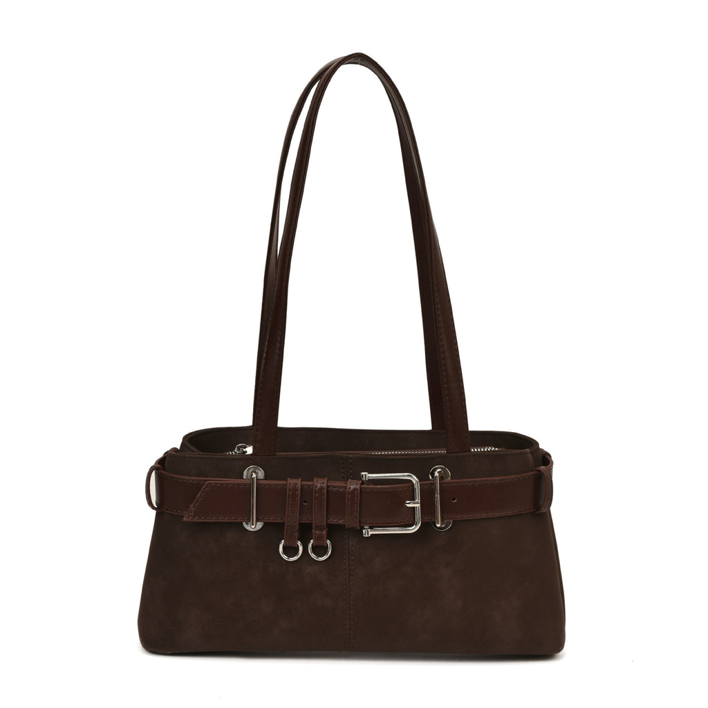 Belted Faux Suede East West Shoulder Bag - Chocolate