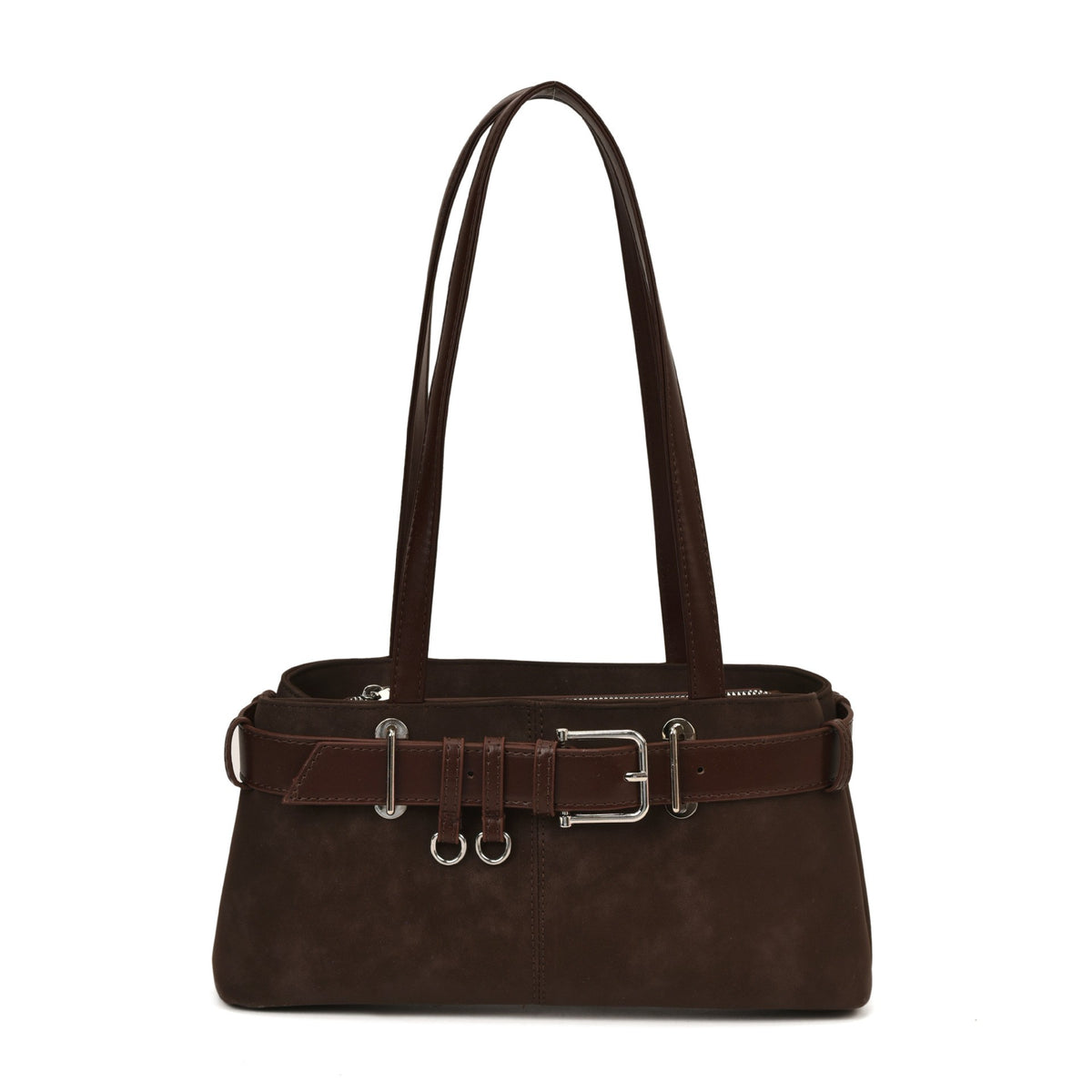 Belted Faux Suede East West Shoulder Bag - Chocolate