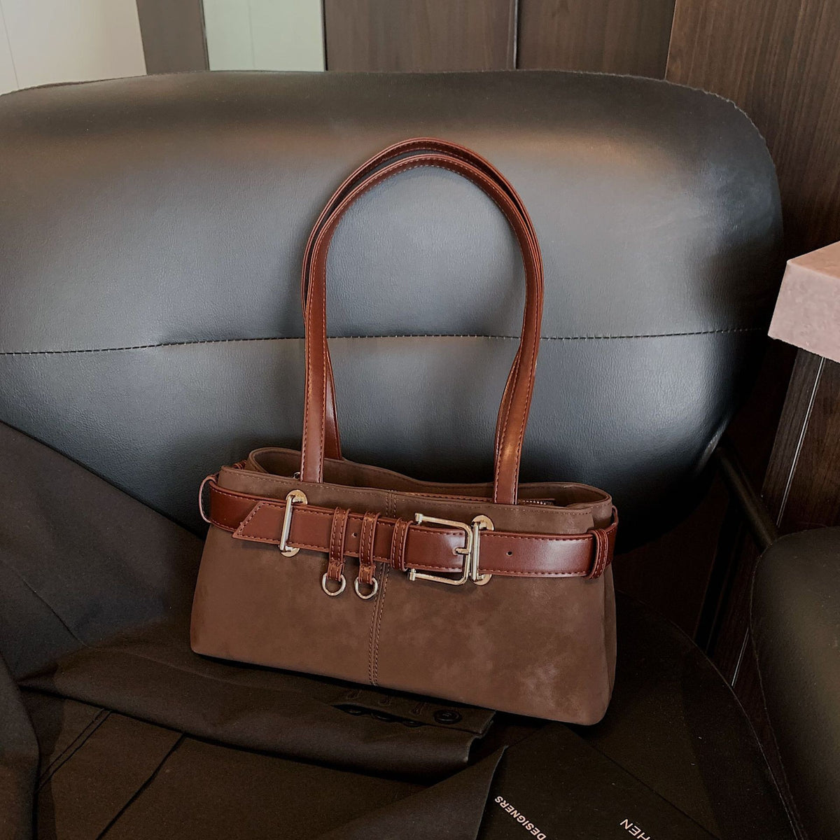 Belted Faux Suede East West Shoulder Bag