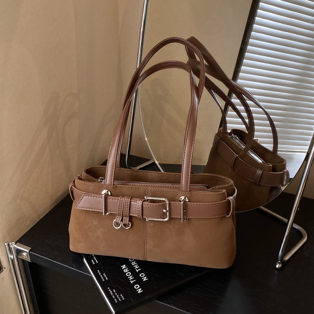 Belted Faux Suede East West Shoulder Bag
