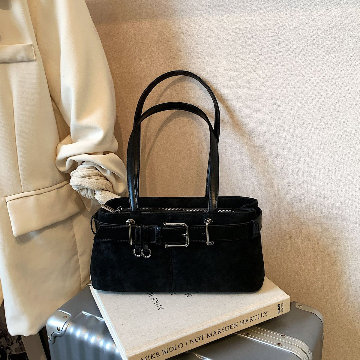 Belted Faux Suede East West Shoulder Bag