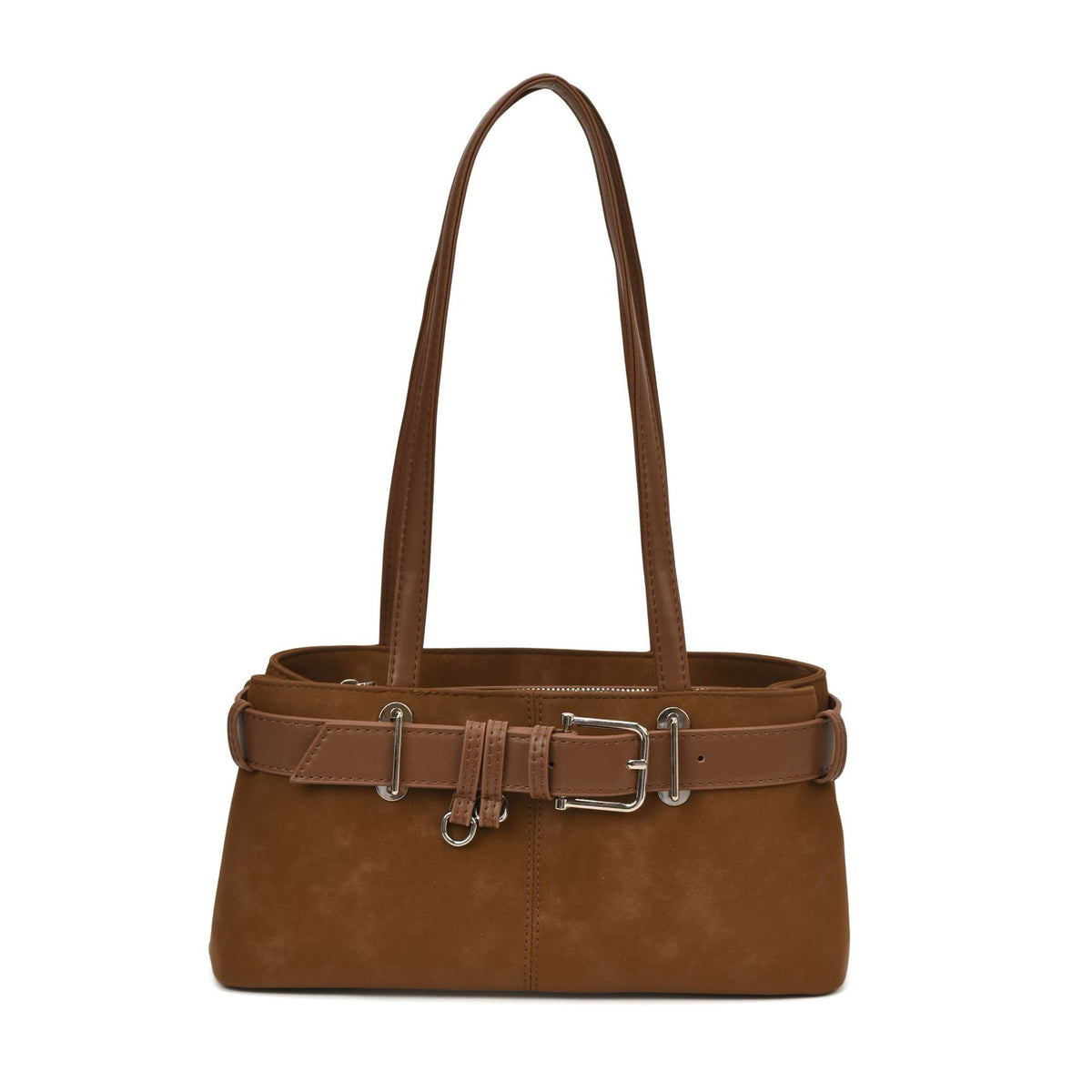 Belted Faux Suede East West Shoulder Bag
