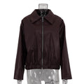 Mahogany Faux Leather Collared Zip Bomber Jacket - Mahogany