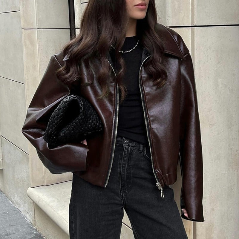 Mahogany Faux Leather Collared Zip Bomber Jacket