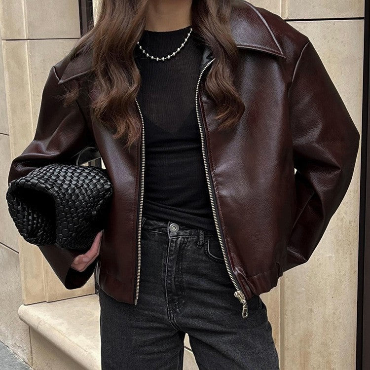 Mahogany Faux Leather Collared Zip Bomber Jacket