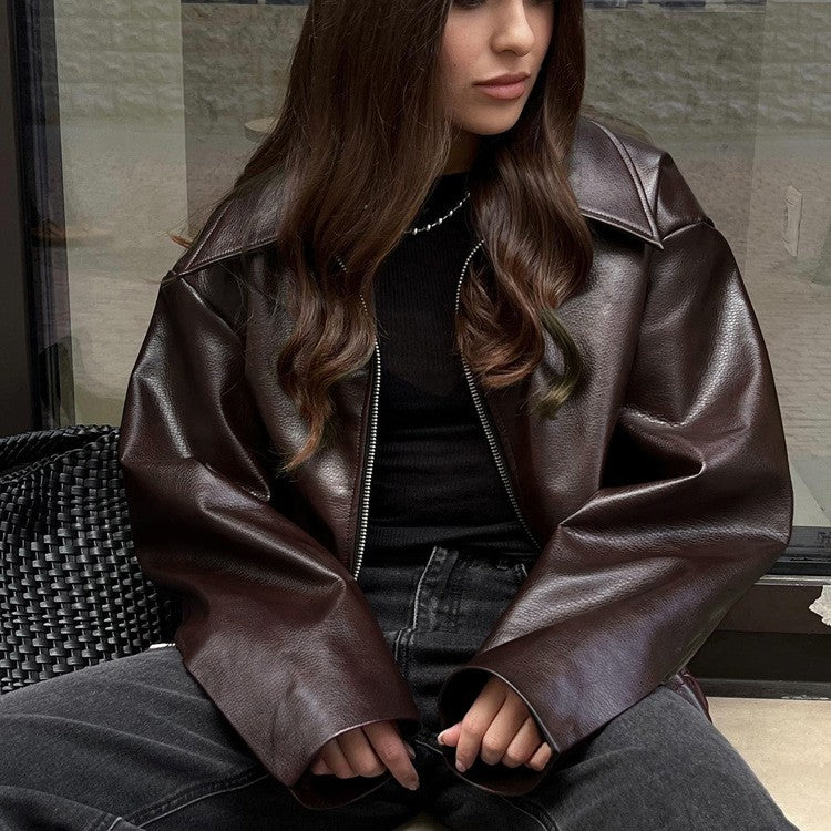 Mahogany Faux Leather Collared Zip Bomber Jacket