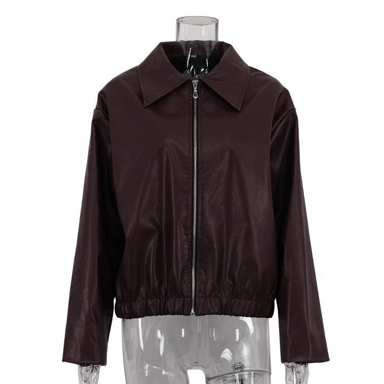 Mahogany Faux Leather Collared Zip Bomber Jacket