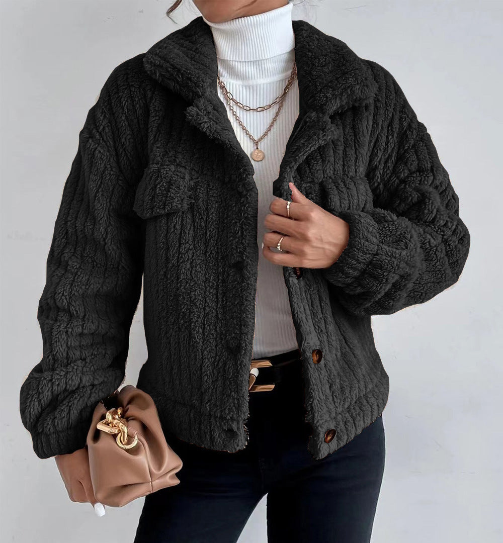 Cable Textured Fleece Button Front Coat - Black