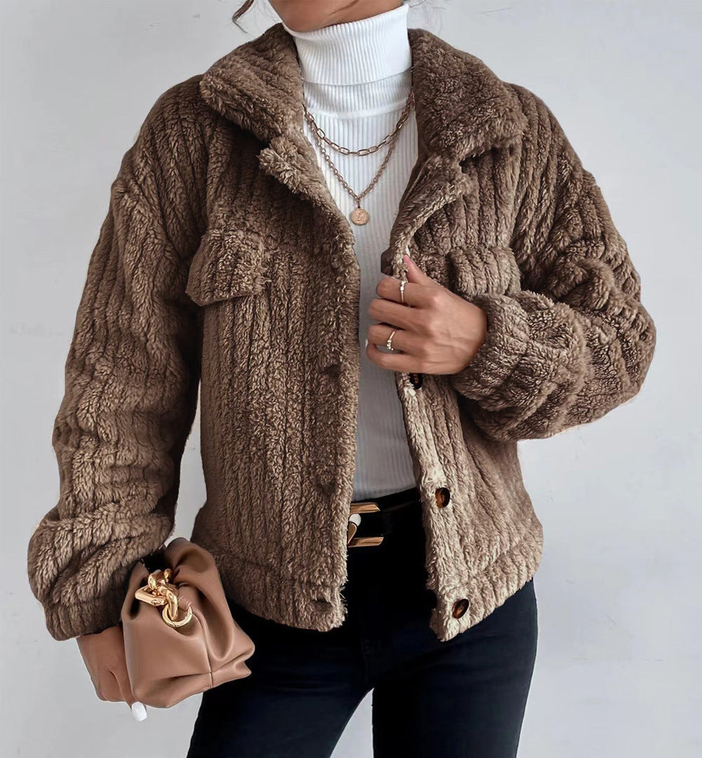 Cable Textured Fleece Button Front Coat - Brown