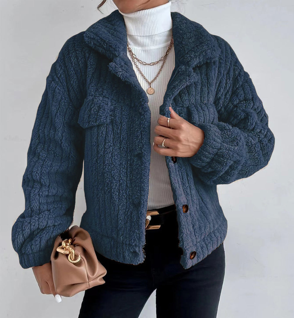 Cable Textured Fleece Button Front Coat - DarkBlue