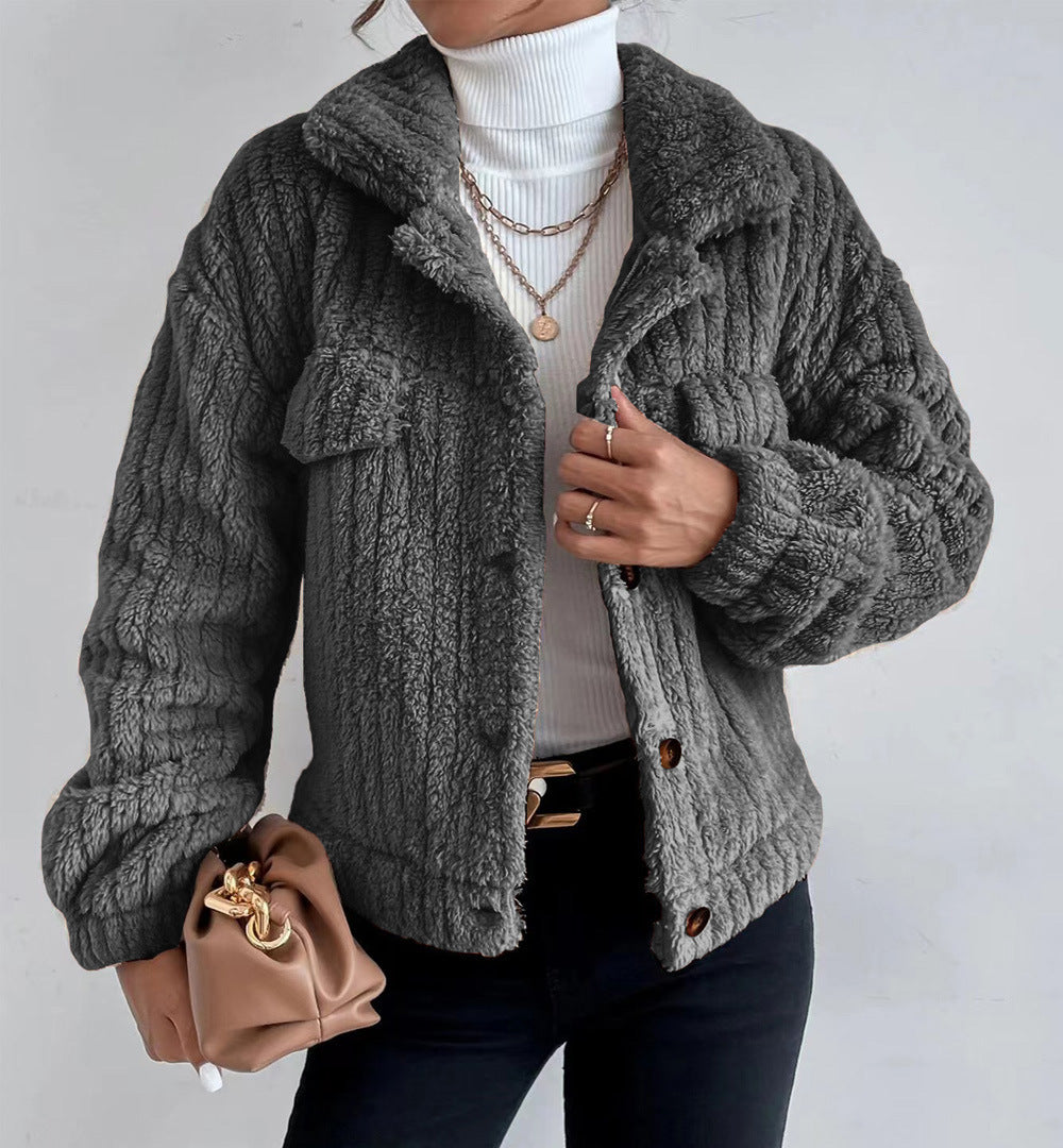 Cable Textured Fleece Button Front Coat - Gray
