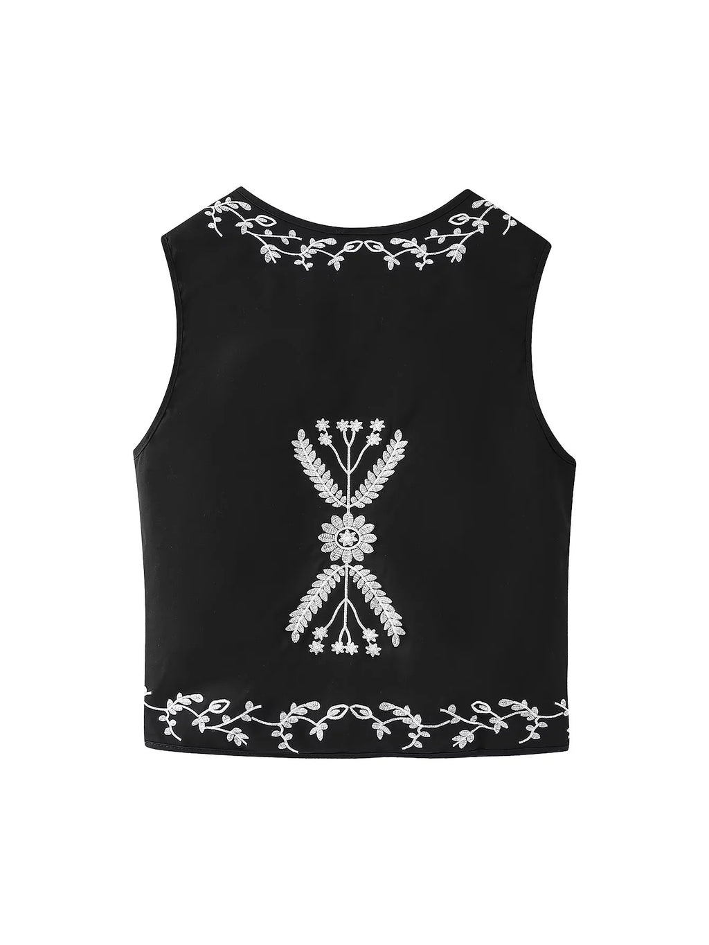Floral Embroidered Tie Front Sleeveless Vest - Black