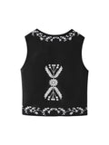 Floral Embroidered Tie Front Sleeveless Vest - Black