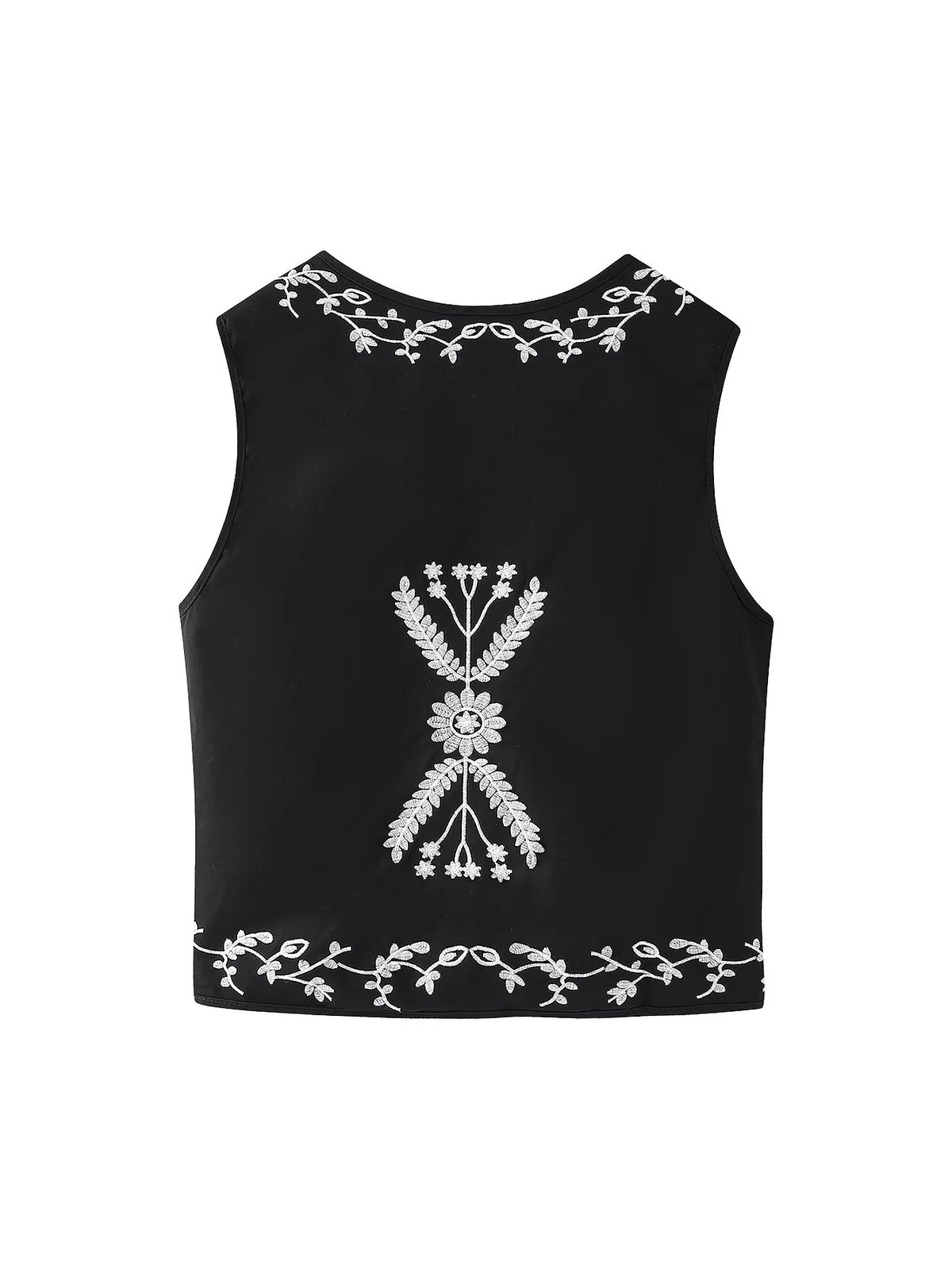 Floral Embroidered Tie Front Sleeveless Vest - Black