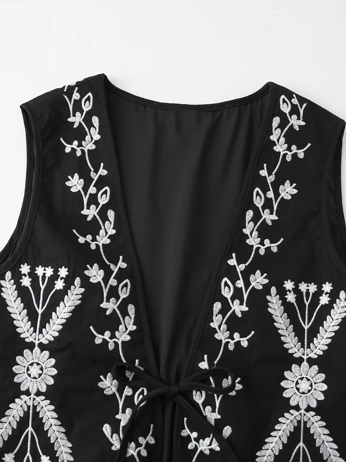 Floral Embroidered Tie Front Sleeveless Vest - Black - 1