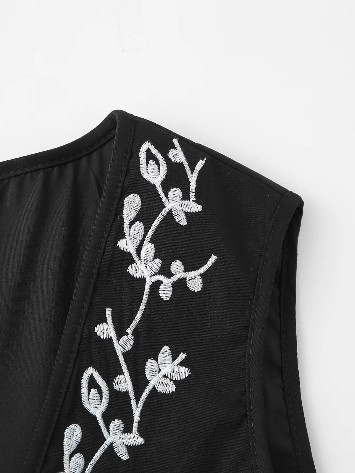 Floral Embroidered Tie Front Sleeveless Vest - Black - 2