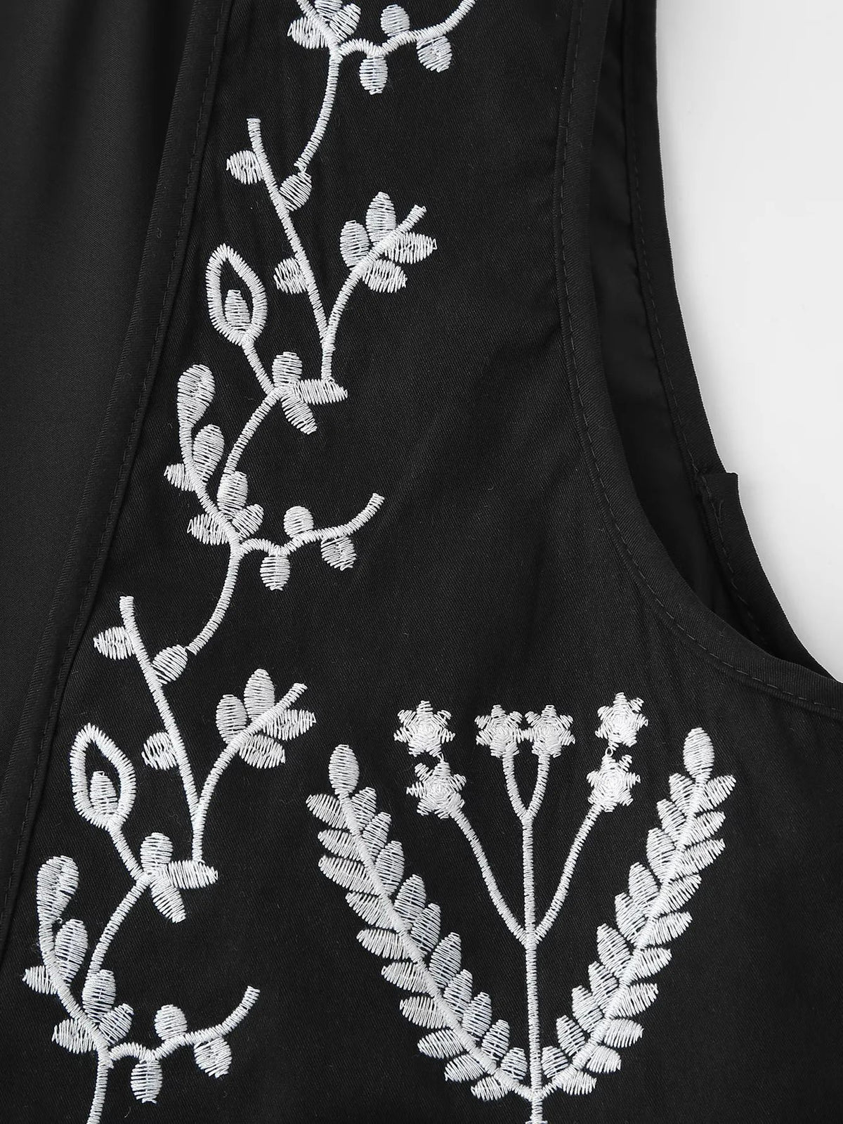 Floral Embroidered Tie Front Sleeveless Vest - Black - 3