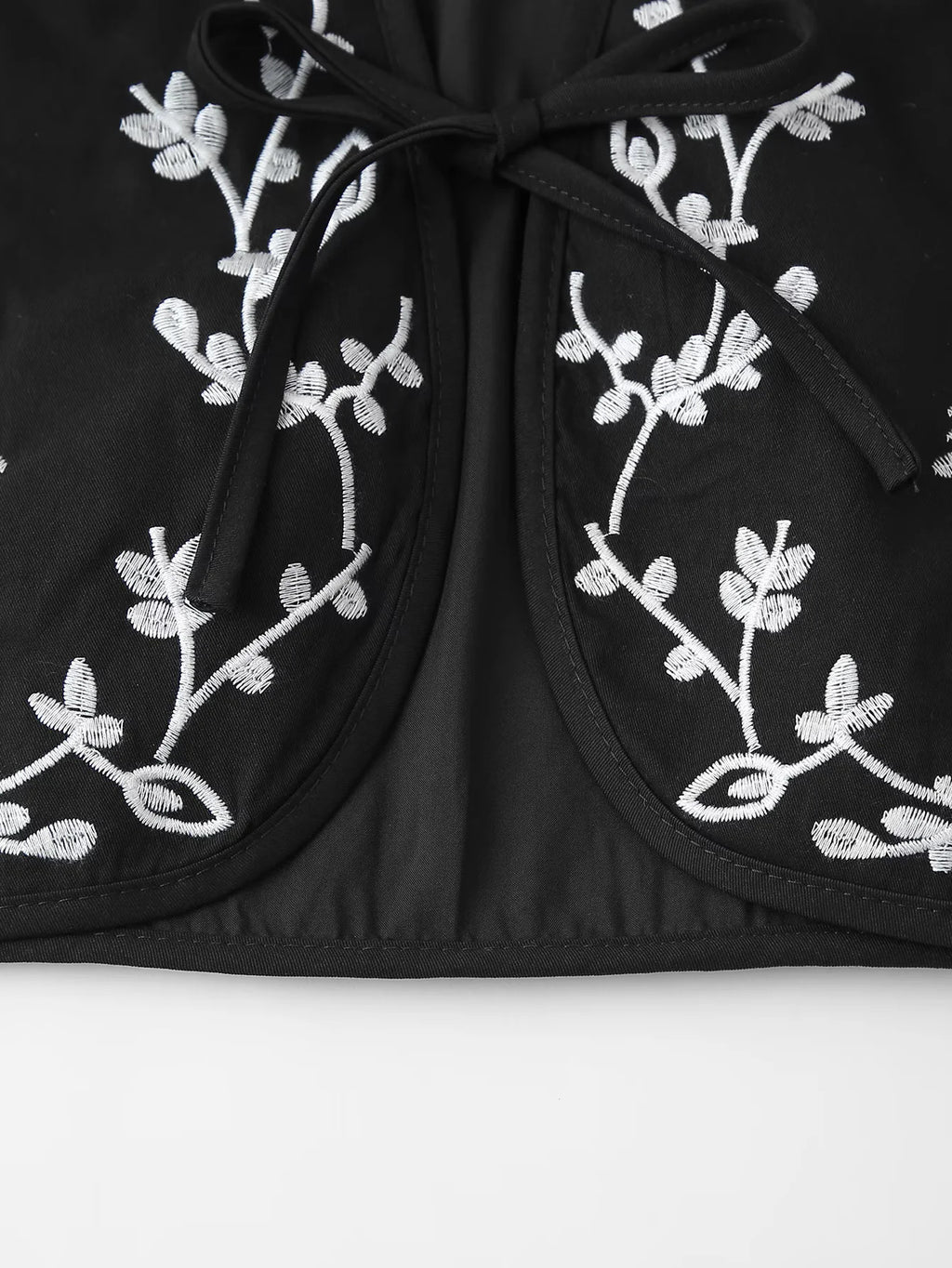 Floral Embroidered Tie Front Sleeveless Vest - Black - 4
