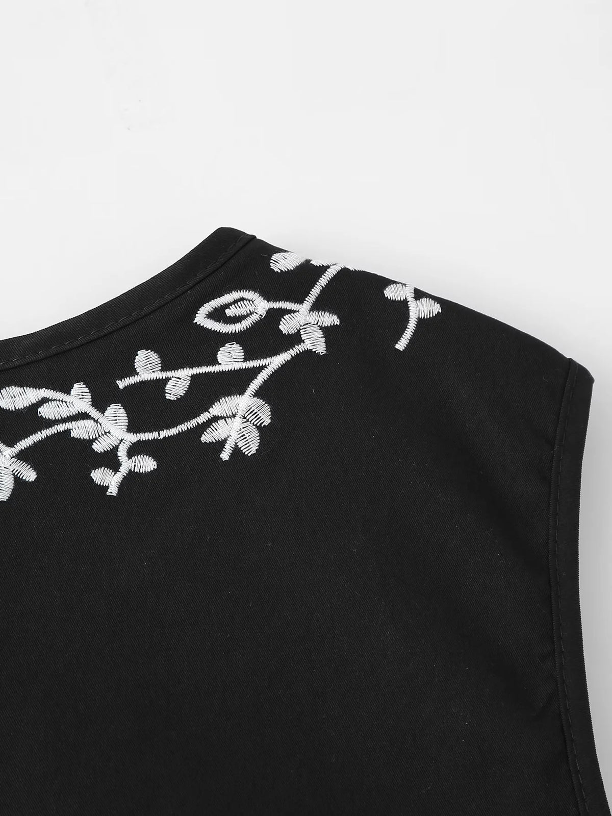 Floral Embroidered Tie Front Sleeveless Vest - Black - 7