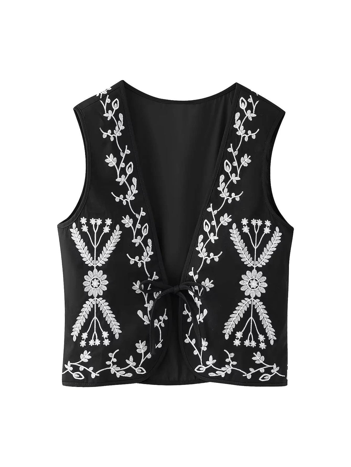 Floral Embroidered Tie Front Sleeveless Vest