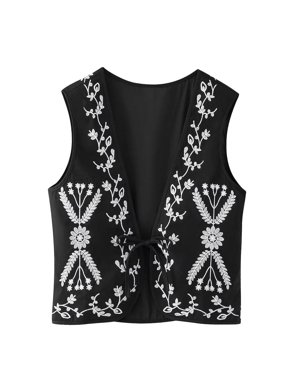 Floral Embroidered Tie Front Sleeveless Vest - view 1