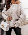 Off Shoulder Slouchy Knit Pullover Sweater - Apricot