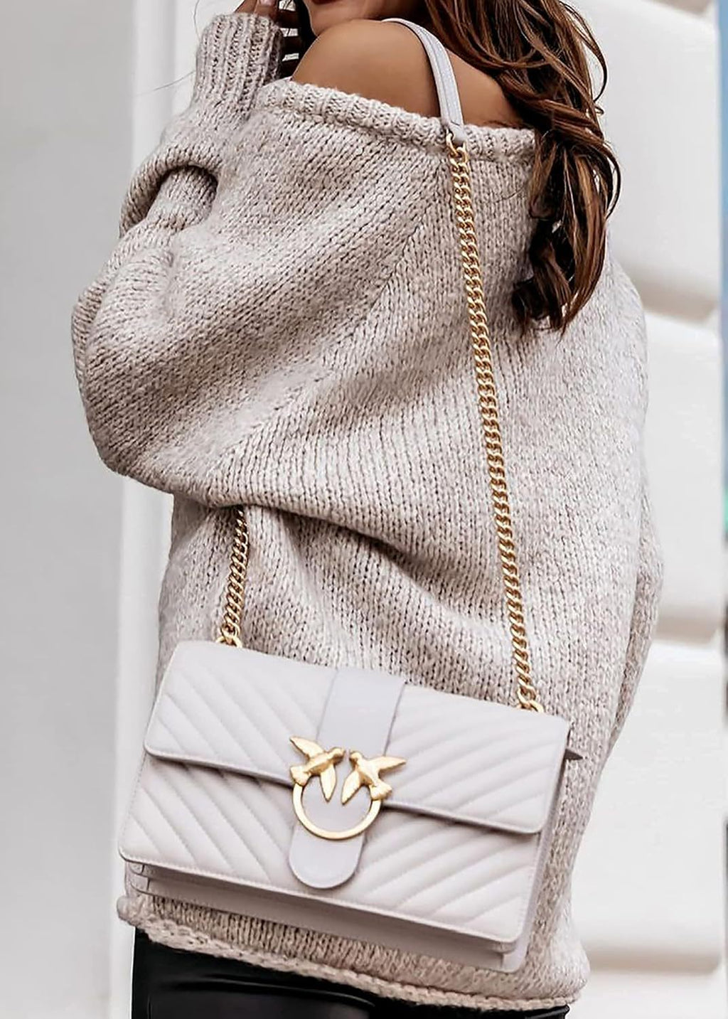 Off Shoulder Slouchy Knit Pullover Sweater - Apricot - 1